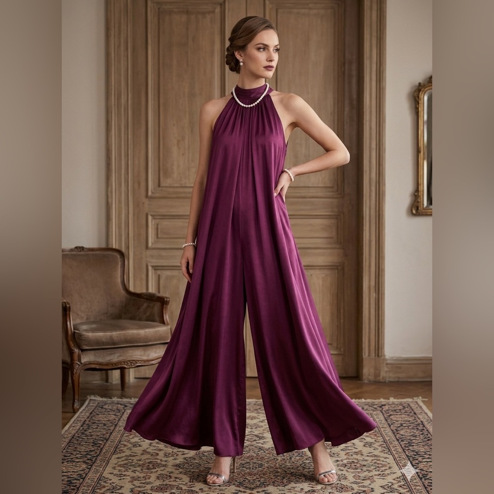 NWT MSK Stunning Extra Wide Leg Silky Feel Halter Back Neck Tie Jumpsuit Sz S